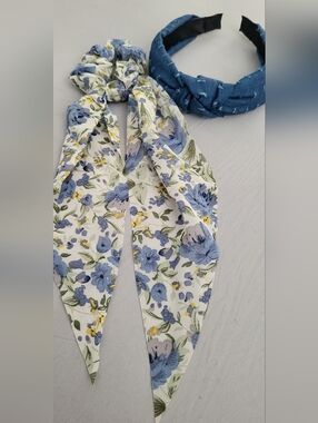Denim Look Headband & Blue Floral Scrunchie Scarf - NWOT